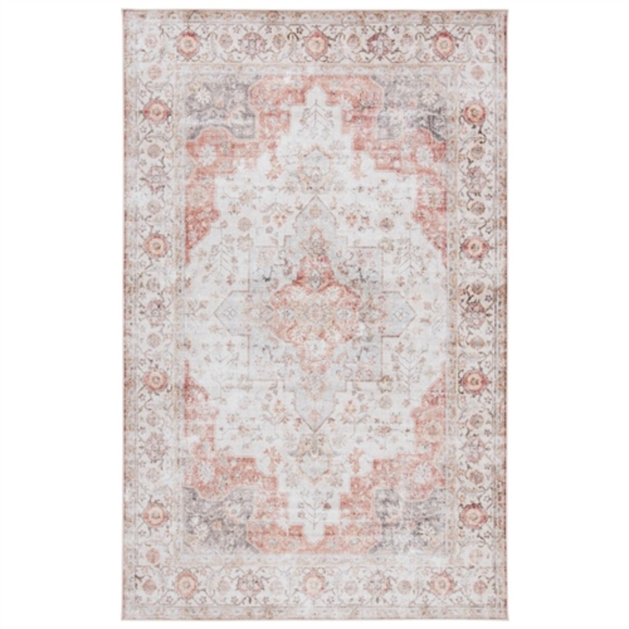 Light Grey-Red Polyester Persian Area Rug 6x9 Stain-Resistant Low Pile